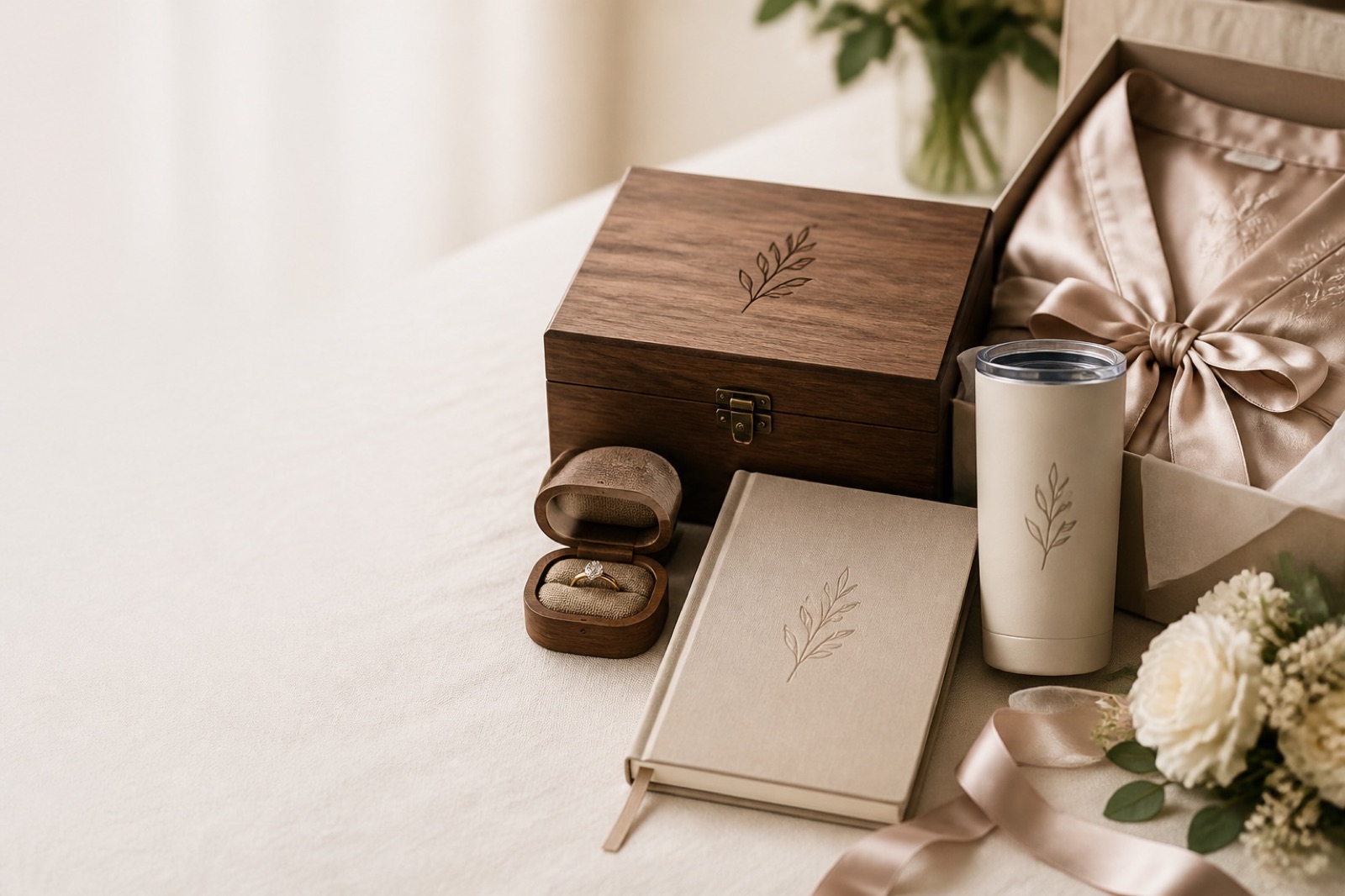 An open kraft gift box with tissue paper holding a small engraved wooden keepsake and dried eucalyptus on ivory linen